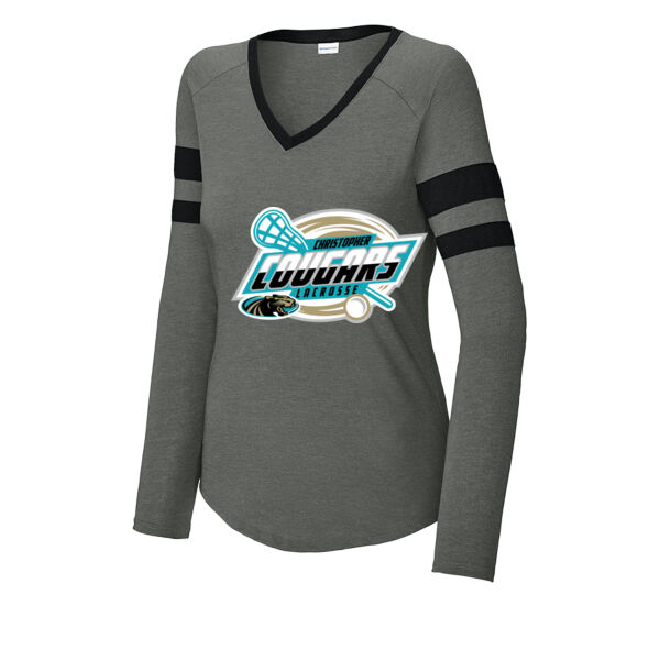 Christopher Lacrosse Ladies Halftime Stripe Long Sleeve V Neck Tee Thumbnail